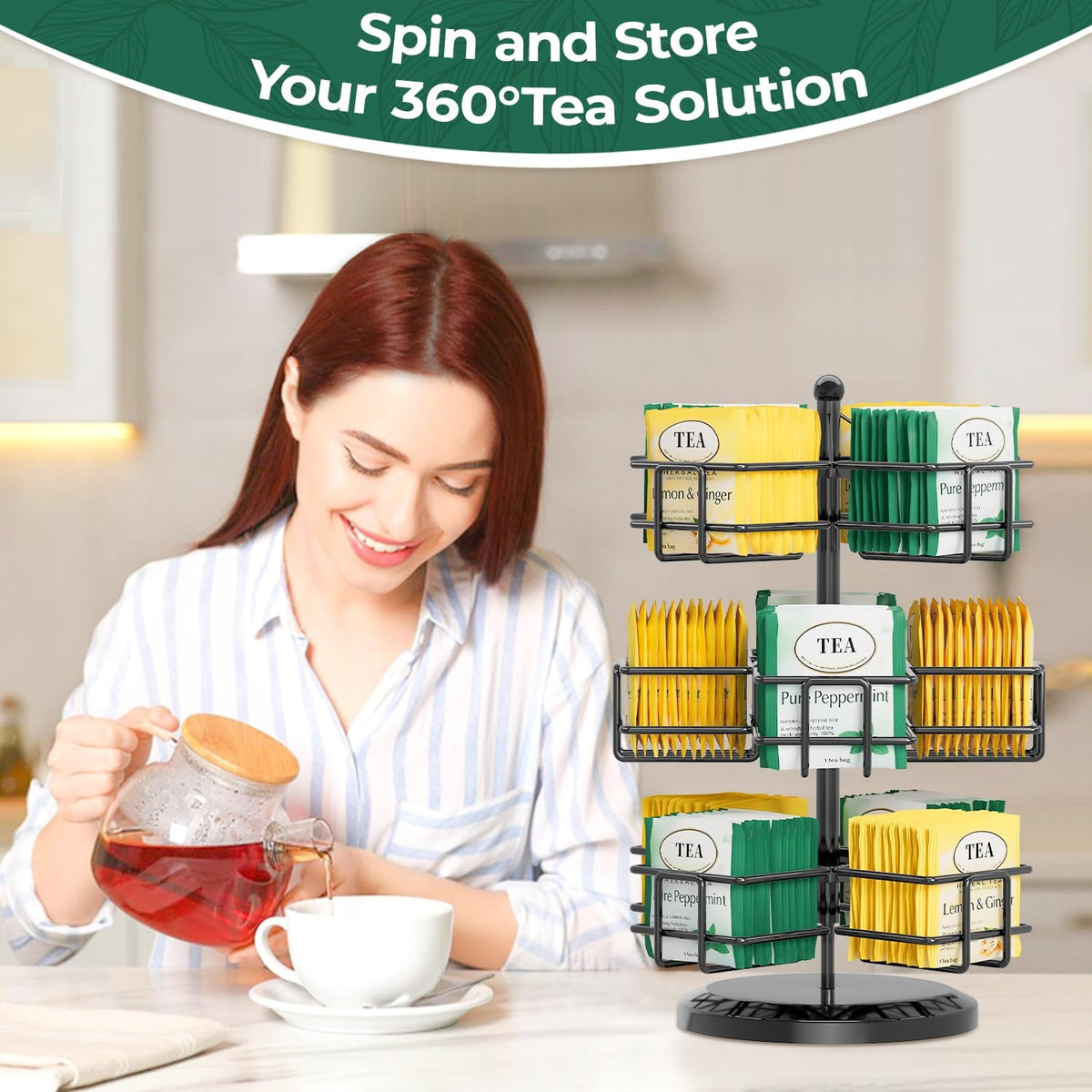 EsLuker.ly Tea Bag Holder Organizer for Counter, 3 Tier Metal Black