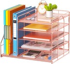 Marbrasse Desk Organizer with File Holder, 5-Tier Paper Letter Tray, Mesh Desk Accessories, Magazine Holder, Desktop Organizer and Storage for Office Supplies, Rose Gold