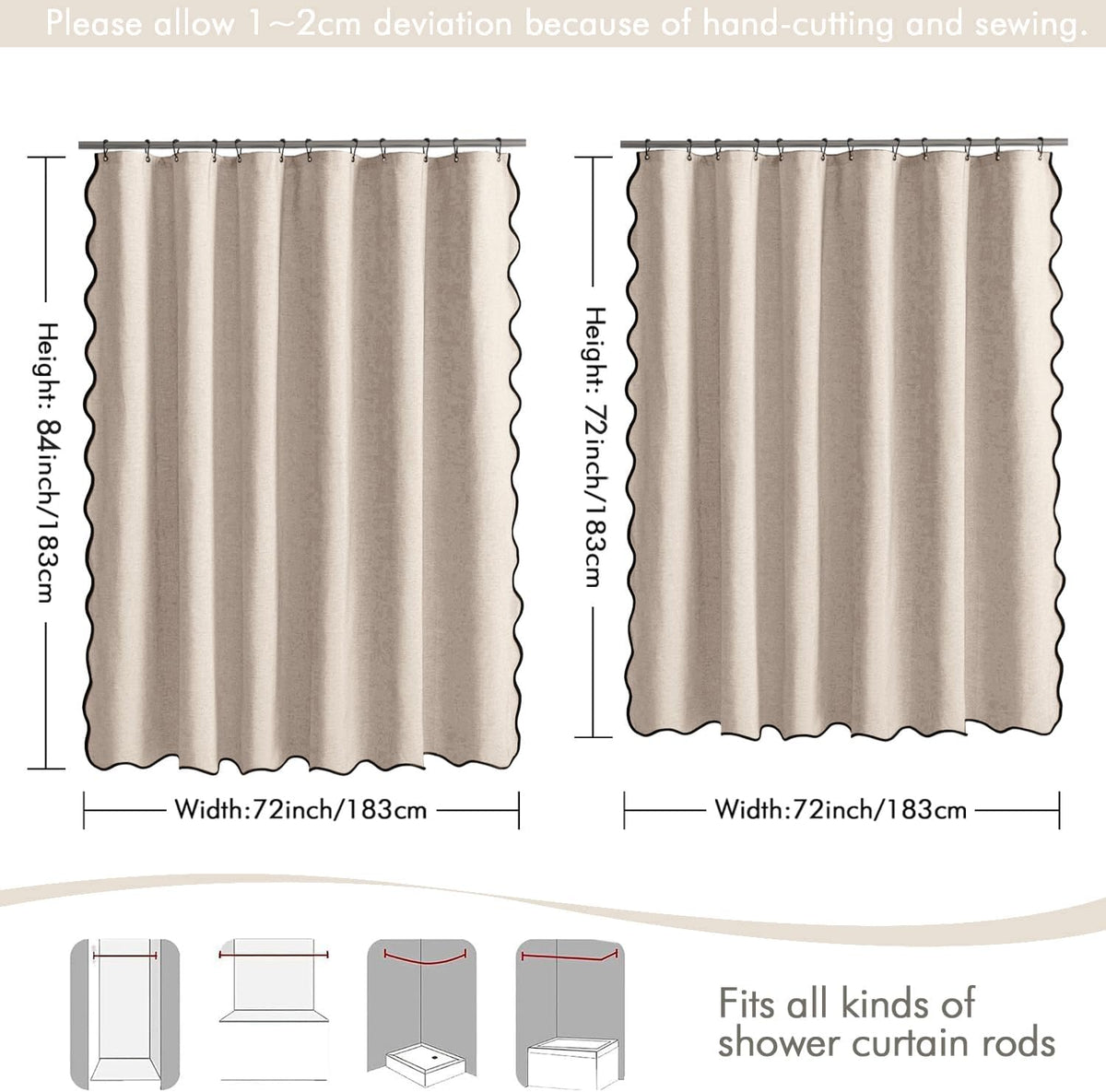 MIULEE Beige Scalloped Linen Shower Curtain 72x72 Inches
