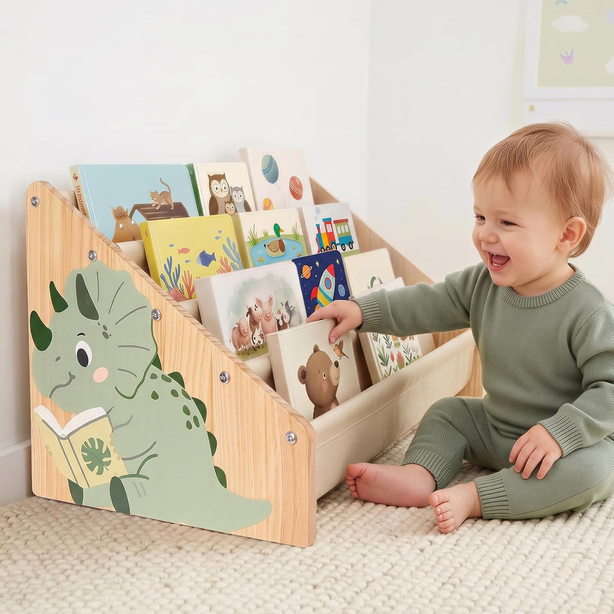 Toddler Bookshelf 4 Tier Solid Wood Montessori Nursery Book Organizer Kids