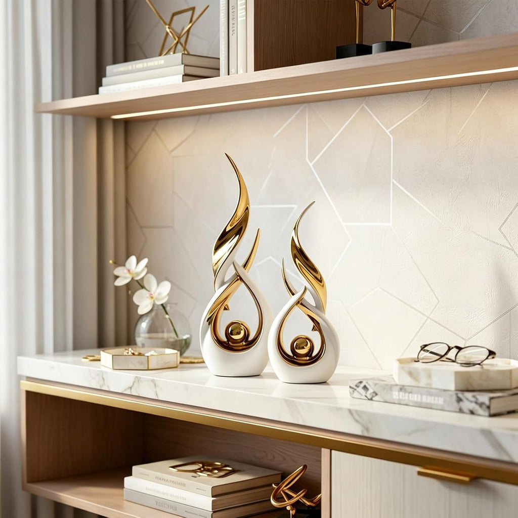 Gold Ceramic Abstract 2 Piece Statue Set,Mid Century Modern Abstract Art Home Decor Statue Mantelpiece on Unique Shelf Decor, TV Cabinet Divider Table top and Dining Table Centerpiece (White Gold)