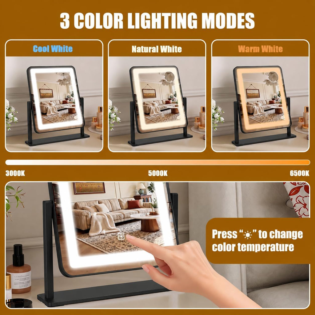 Vanity Mirror with Lights, 12.2" x 15" Large LED Makeup Mirror with Light, HD Mirror, Smart Touch with 3-Color Lighting, Dimmable, 360° Rotation, Lighted Up for Vanity Desk Tabletop, Bedroom (Black)