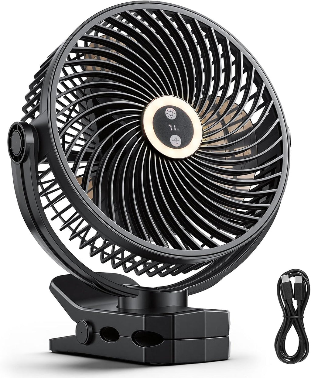 VEVOR Portable Clip Fan, Rechargeable Clip On Fan with Light, USB Port with 3 Speeds & Circulation Mode, Strong Airflow Sturdy Clamp, Long Runtime for Desk, Golf Cart,Outdoor Camping Treadmill,Black