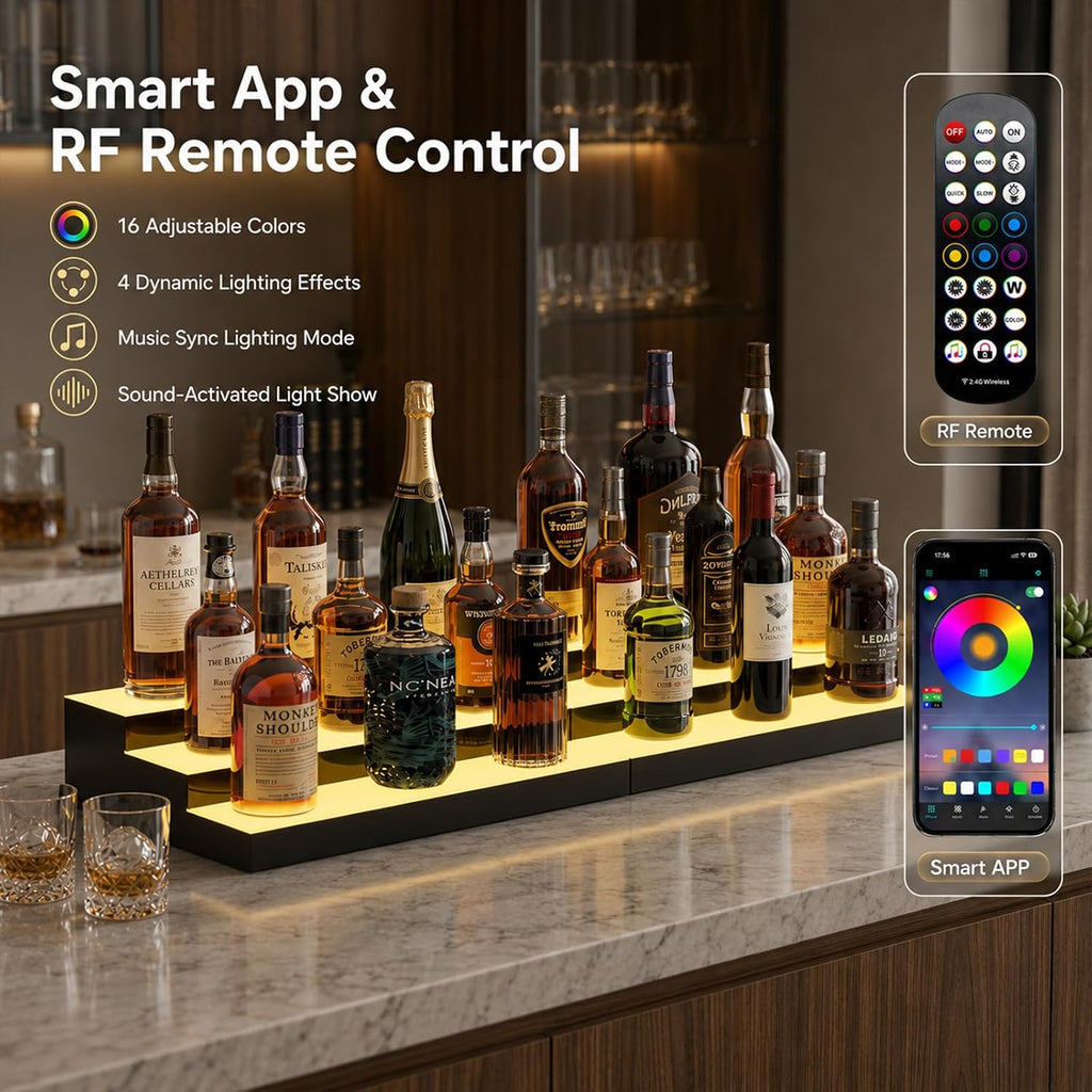 LED Illuminated Bar Bottle Display Rack, 3-Tier 32" Multi-Color Whiskey Rack, Tabletop Wine Rack Equipped with RF Remote Control and App Control Ideal Choice for Home Bar, Whiskey Lovers Gift