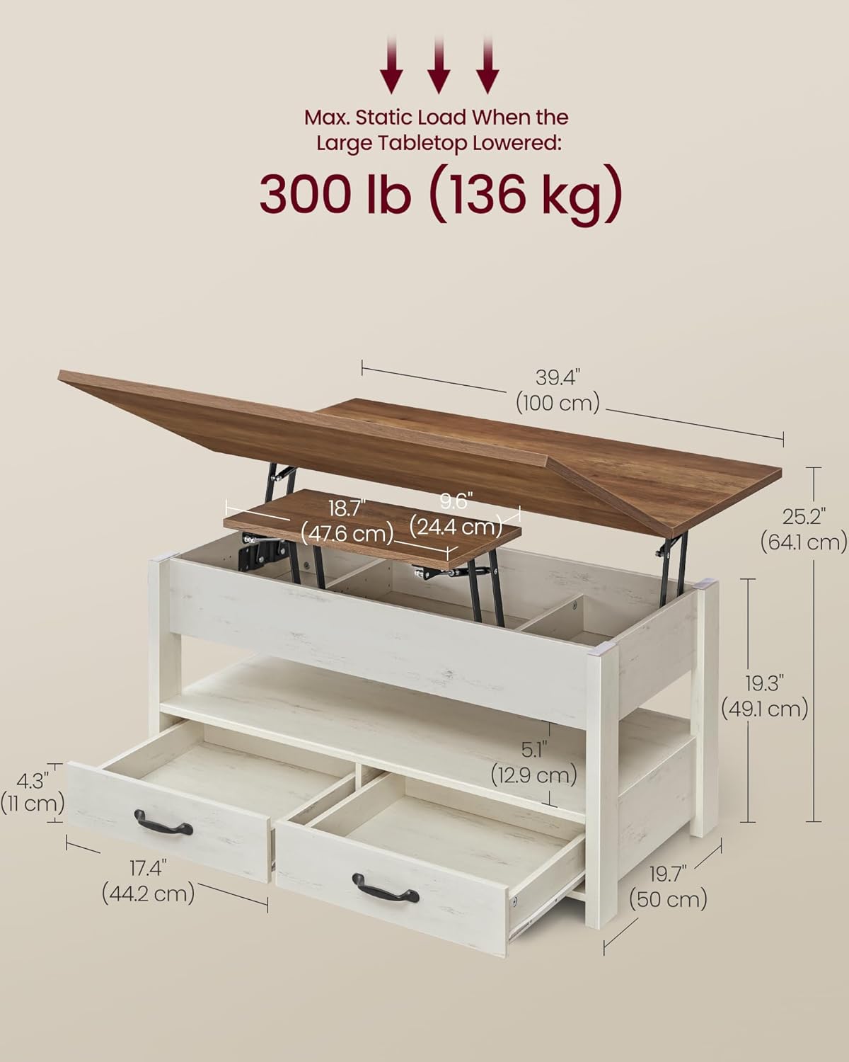 VASAGLE Lift Top Coffee Table, 3 in 1 Center Table with Storage, 2 Drawers