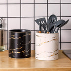 7.2 inch Large Utensil Holder for Kitchen Counter, Golden Marble Utensil Crock Spatula Holder for Countertop Cooking Tools Storage Caddy Farmhouse Kitchen Decor (Marble-Black)