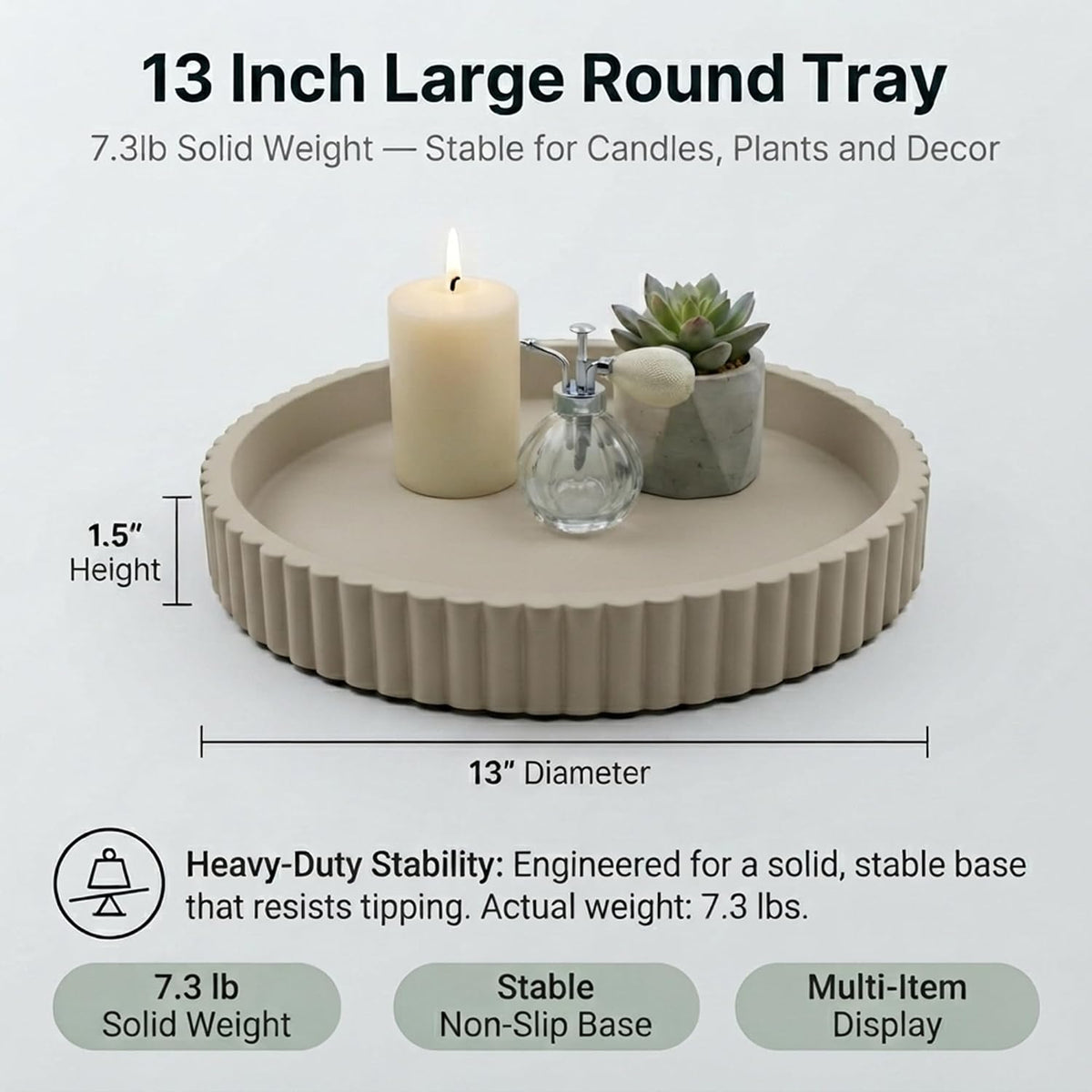 Round Solid Concrete Tray, Fluted Centerpiece for Coffee Table Decor 13"
