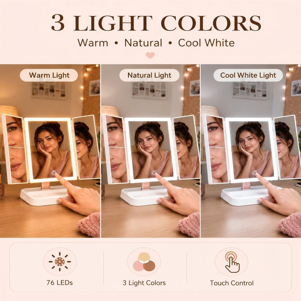 Makeup Mirror with Lights, Rechargeable Trifold 1X/2X/3X Magnification