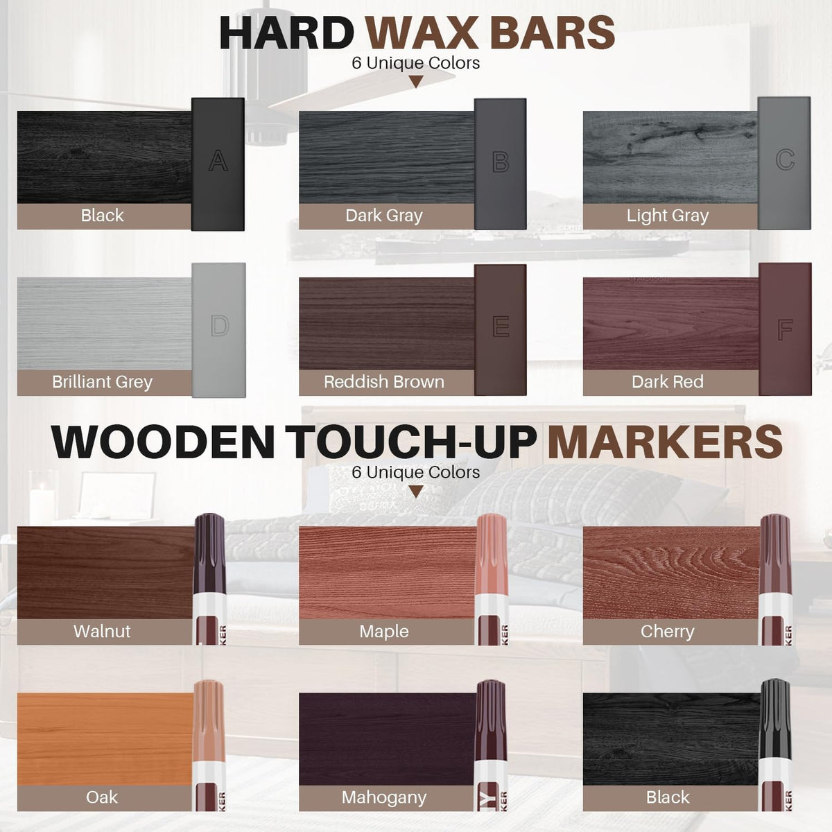 Laminate Floor Repair Kit, 6PCS Vinyl Floor Wax with 6PCS Wood Touch Up Markers, Fix Scratches, Stains, Cracks, Holes