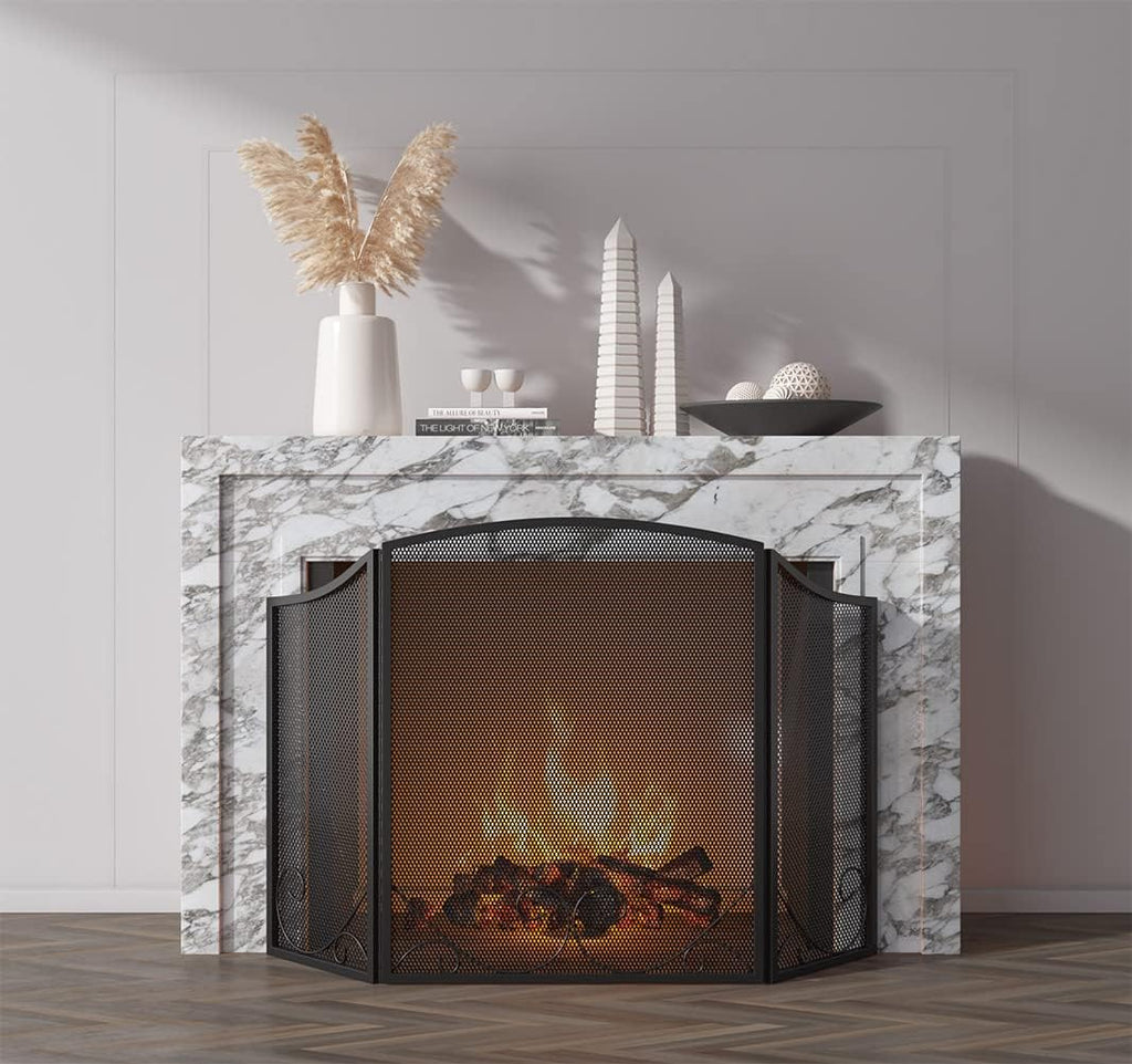 Lizh Metalwork 3-Panel Black Wrought Iron Fireplace Screen,48"(L) x 29"(H) Spark Guard with Scrolling Design,Decorative Hearth Screen
