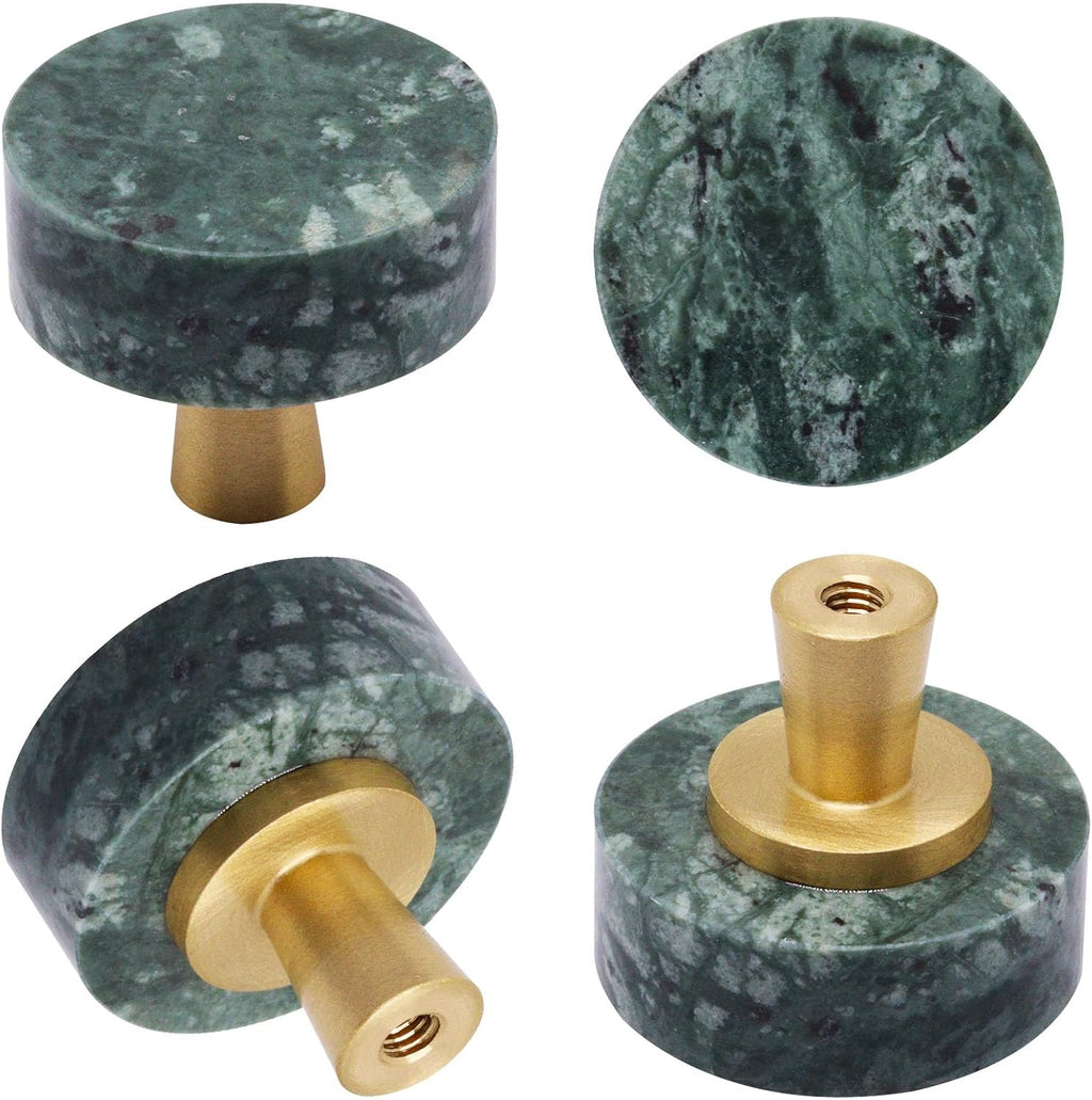 5pcs Marble Cabinet Knobs, Modern Decorative Drawer Pull, Stone Handles Brushed Brass Base for Kitchen Cupboard Bedroom Dresser Wardrobe (Green)