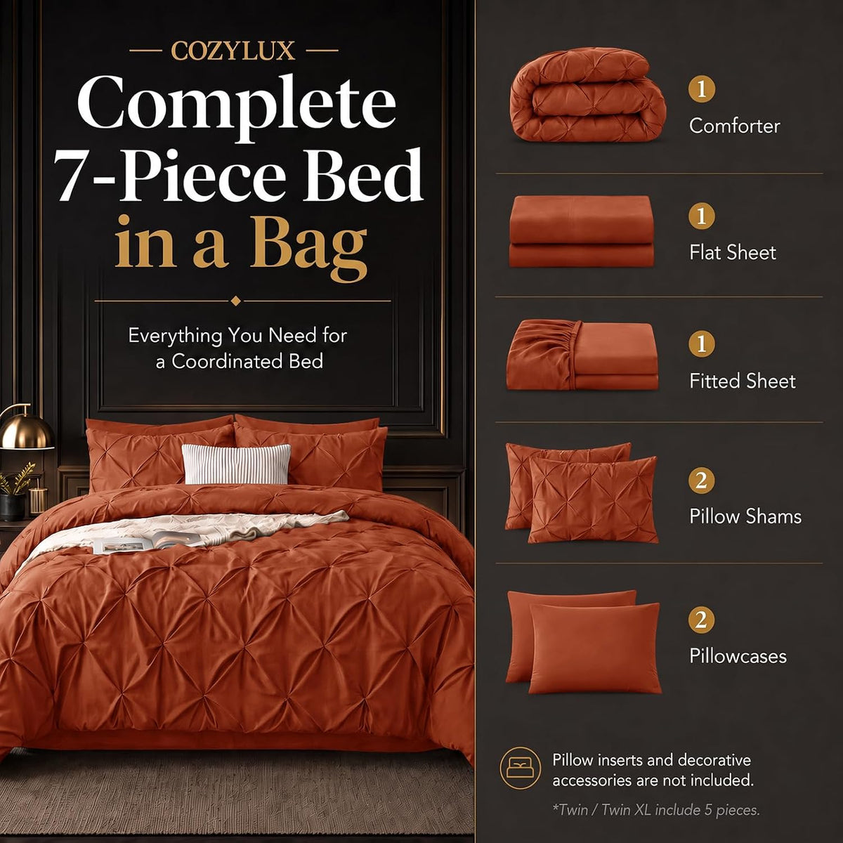 CozyLux Queen Comforter Set Burnt Orange, 7 Pieces Pintuck Bed in a Bag