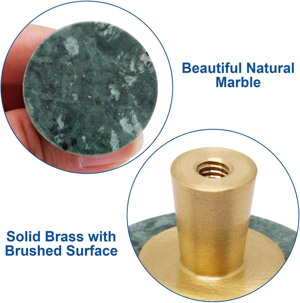 5pcs Marble Cabinet Knobs, Modern Decorative Drawer Pull, Stone Handles Brushed Brass Base for Kitchen Cupboard Bedroom Dresser Wardrobe (Green)