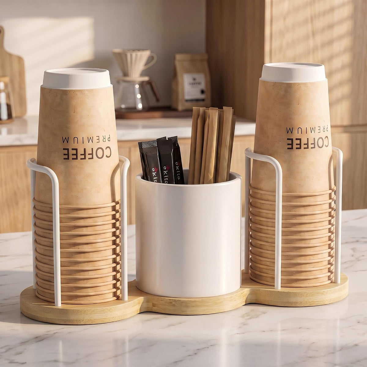Coffee Station Organizer with Straw & Stirrer Storage Caddy for Cups Lids - Cup Mouth Dia 3.9", Disposable Paper Cup Holder Coffee and Tea Station Organizer for Coffee Bar, Office, Home Kitchen, White