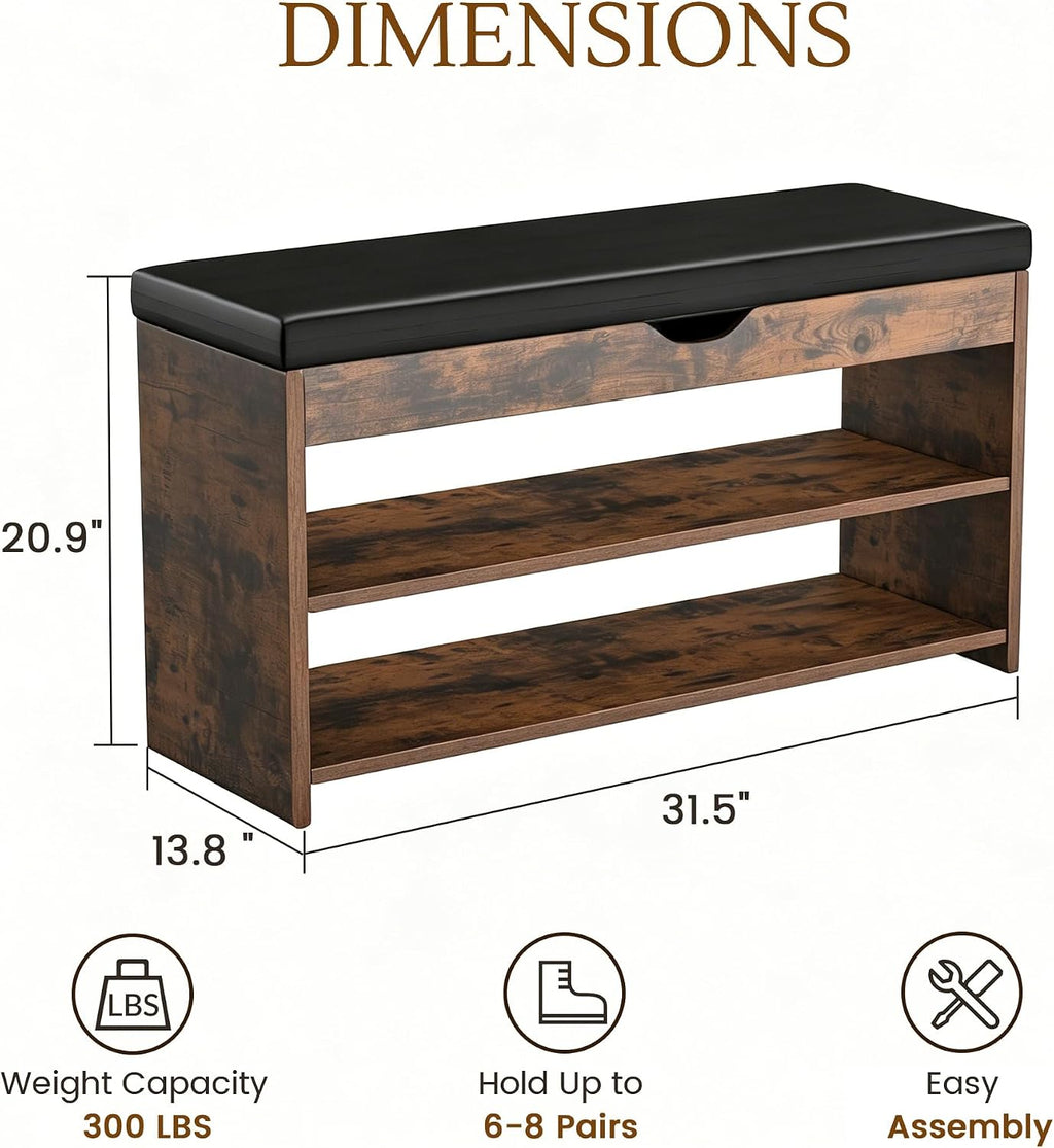 HOMEMORE Shoe Rack for Entryway Shoe Bench with Cushion Solid Wood Shoe Benches with 2 Shelves Shoe Organizer for Hallway Bedroom Living Room Vintage Brown