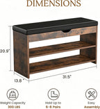 HOMEMORE Shoe Rack for Entryway Shoe Bench with Cushion Solid Wood Shoe Benches with 2 Shelves Shoe Organizer for Hallway Bedroom Living Room Vintage Brown