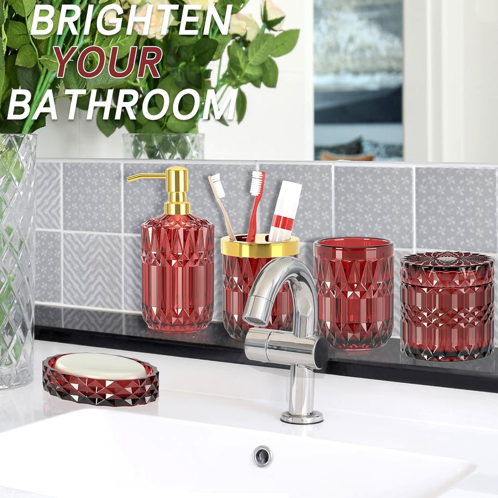 Red Bathroom Accessories Set, Glass Soap Dispenser Set with Rust Proof Stainless Steel Pump, Soap Holder, Toothbrush Holder, Tumbler, Cotton Swab Jars, Wine Red Bathroom Set Bathroom Decor Sets Gift