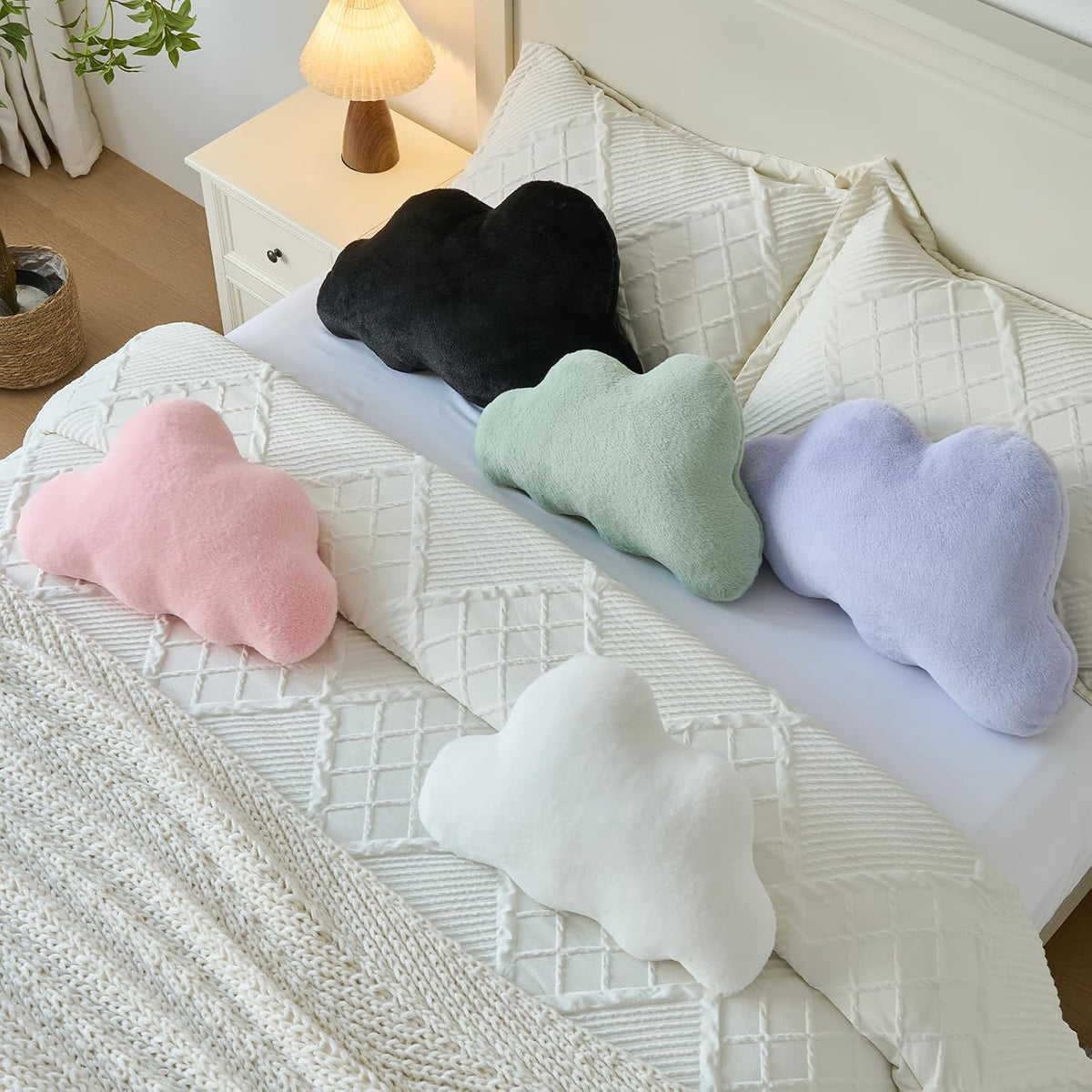 Cloud Pillows, Decorative Throw Pillow with Soft Plush for Couch Bed, Cloud Shaped Pillow Room Decor with Fluffy Faux Rabbit Fur for Living Room Bedroom (White, 11.8x18.5 Inches)