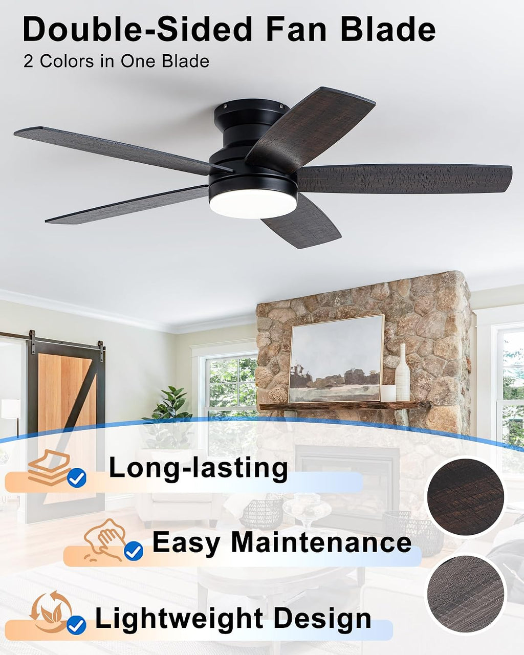 Coolwind Flush Mount Ceiling Fan with Light, Display Remote/APP Control