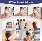 Dripex 3 Way Mirror with Led Lights for Men or Women, 360° Trifold Self Haircut Mirror with Height Adjustable Hooks, for Makeup, Styling, Shaving, Braiding, Dye Hair (Black with Led)