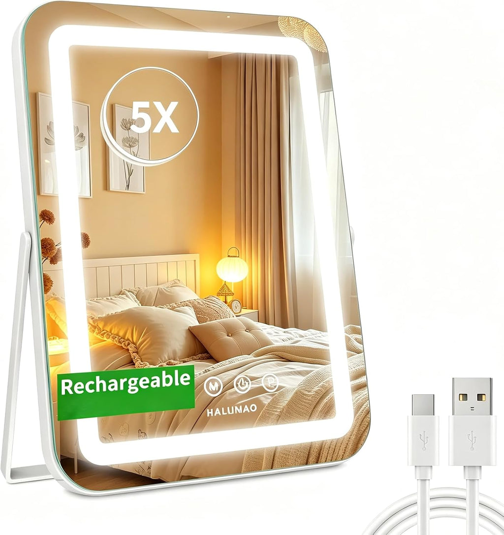 halumao Vanity Mirror with Lights, 14.5" Light Up Makeup Mirror, LED Makeup Mirror with Lights for Bedroom Tabletop, Smart Touch Control 3 Colors Dimmable, 360° Rotation
