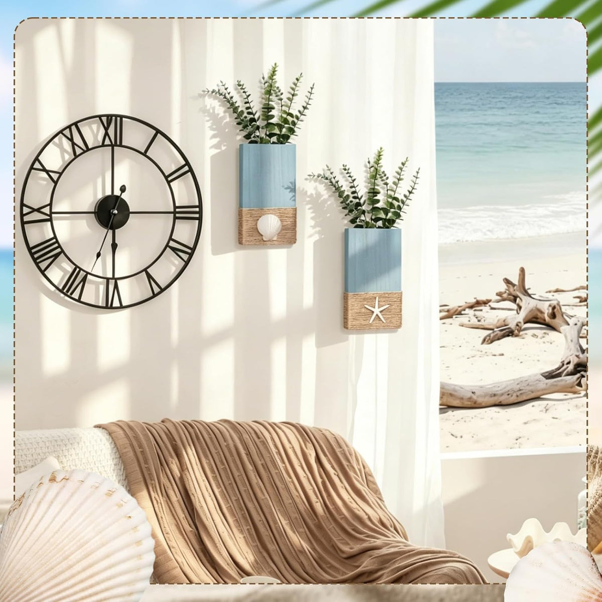 2 Pcs Beach Rustic Wood Wall Planter Vase, Coastal Decor, Seashell, Blue