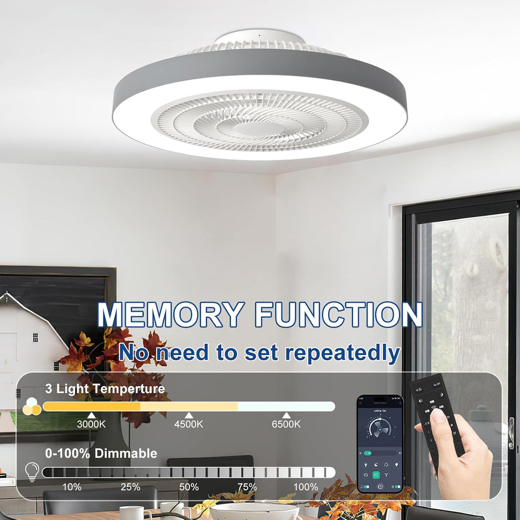 Depuley LED Ceiling Fan with Light: 19" Modern Flush Mount Low Profile Ceiling Fans with Remote & Smart APP Control - Grey Bladeless Fandelier Dimmable Quiet DC Motor for Bedroom Kids Room 6 Speeds