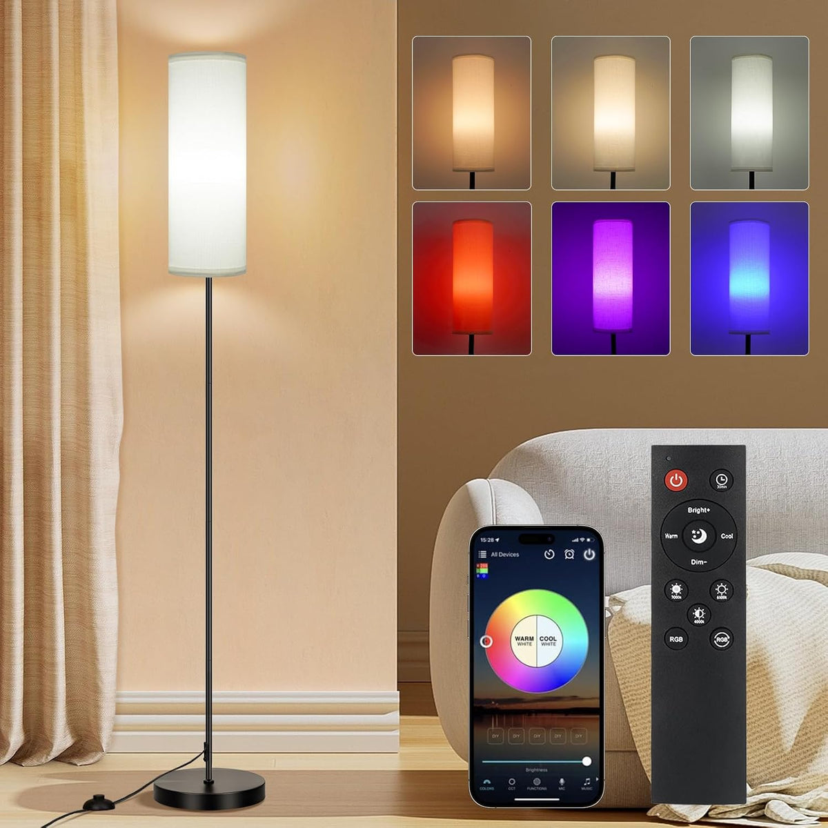 FRIDEKO HOME Floor Lamp, 9W 800LM Color Changing Smart Bulb, White Shade