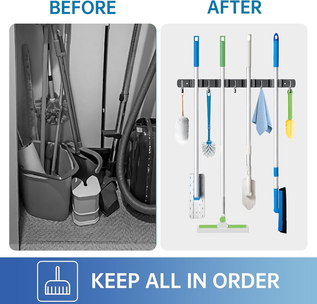 ZONGOOL 2 Pack Mop Broom Holder Wall Mount 4 Racks 5 Hooks Storage Black