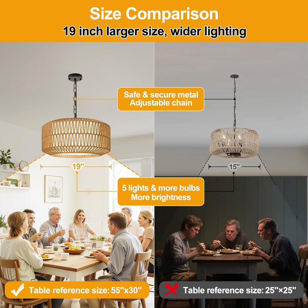 19" Rattan Chandelier for Dining Room, Boho Dining Room Light Fixture