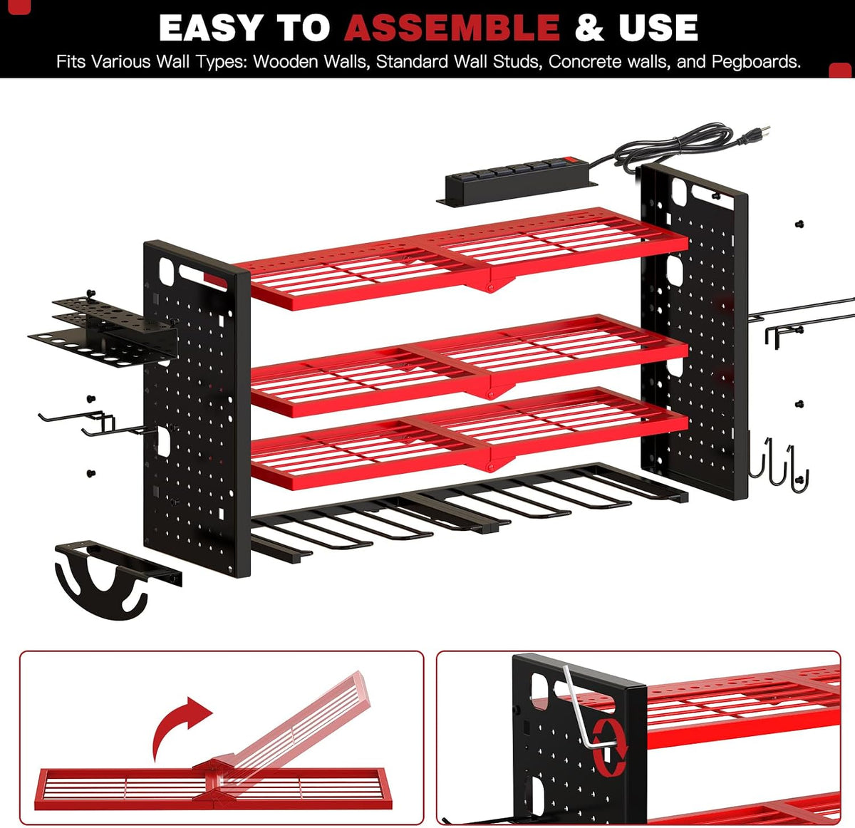 Cordless Power Tool Organizer Wall Mount, 6 Drill Holders, Red