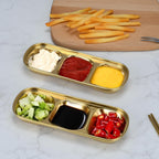 6 Pcs Soy Sauce Dish, Divided Dip Bowls with 3 Compartment, Seasoning Dipping Sauce Plate, Stainless Steel Serving Tray (Golden)