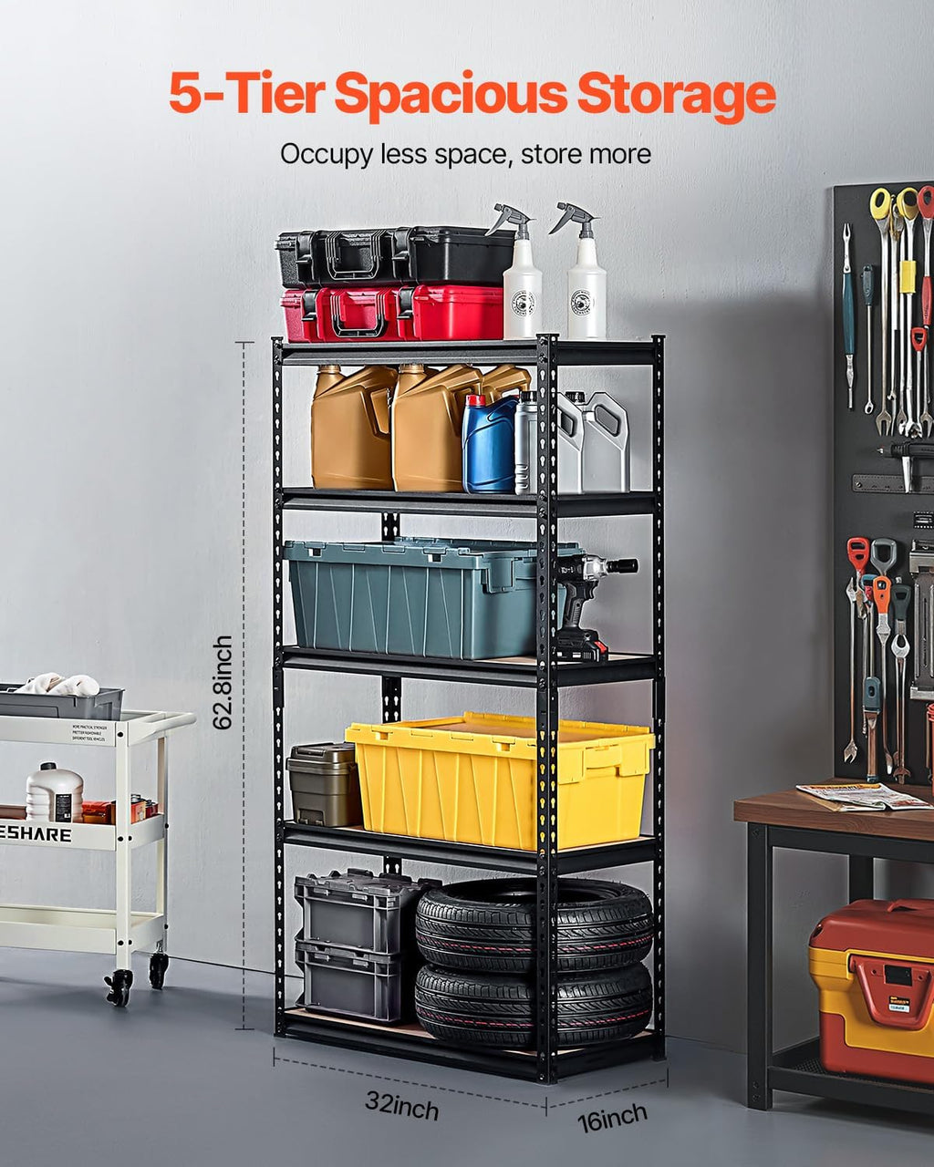 VEVOR Garage Shelving 5-Tier Adjustable Storage Shelf 2000 lbs 16"x32"x63"