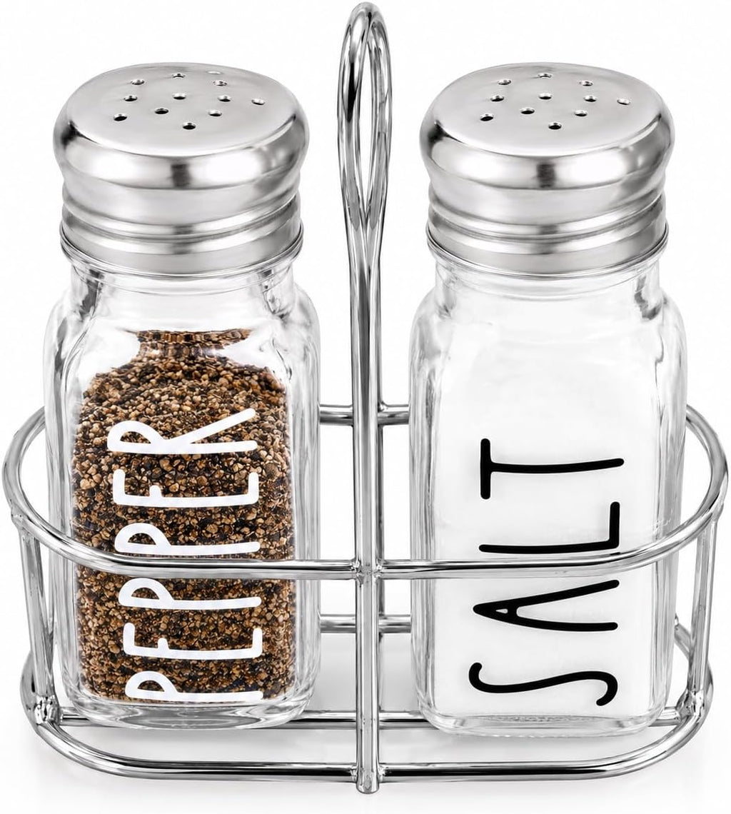 Farmhouse Salt and Pepper Shakers Set, A Cute Premium Glass Shakers with Holder and Stainless Steel Lids, Perfect for Adding a Vintage Kitchen Decor Charm, Great as a Gift (Black & White)