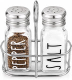Farmhouse Salt and Pepper Shakers Set, A Cute Premium Glass Shakers with Holder and Stainless Steel Lids, Perfect for Adding a Vintage Kitchen Decor Charm, Great as a Gift (Black & White)