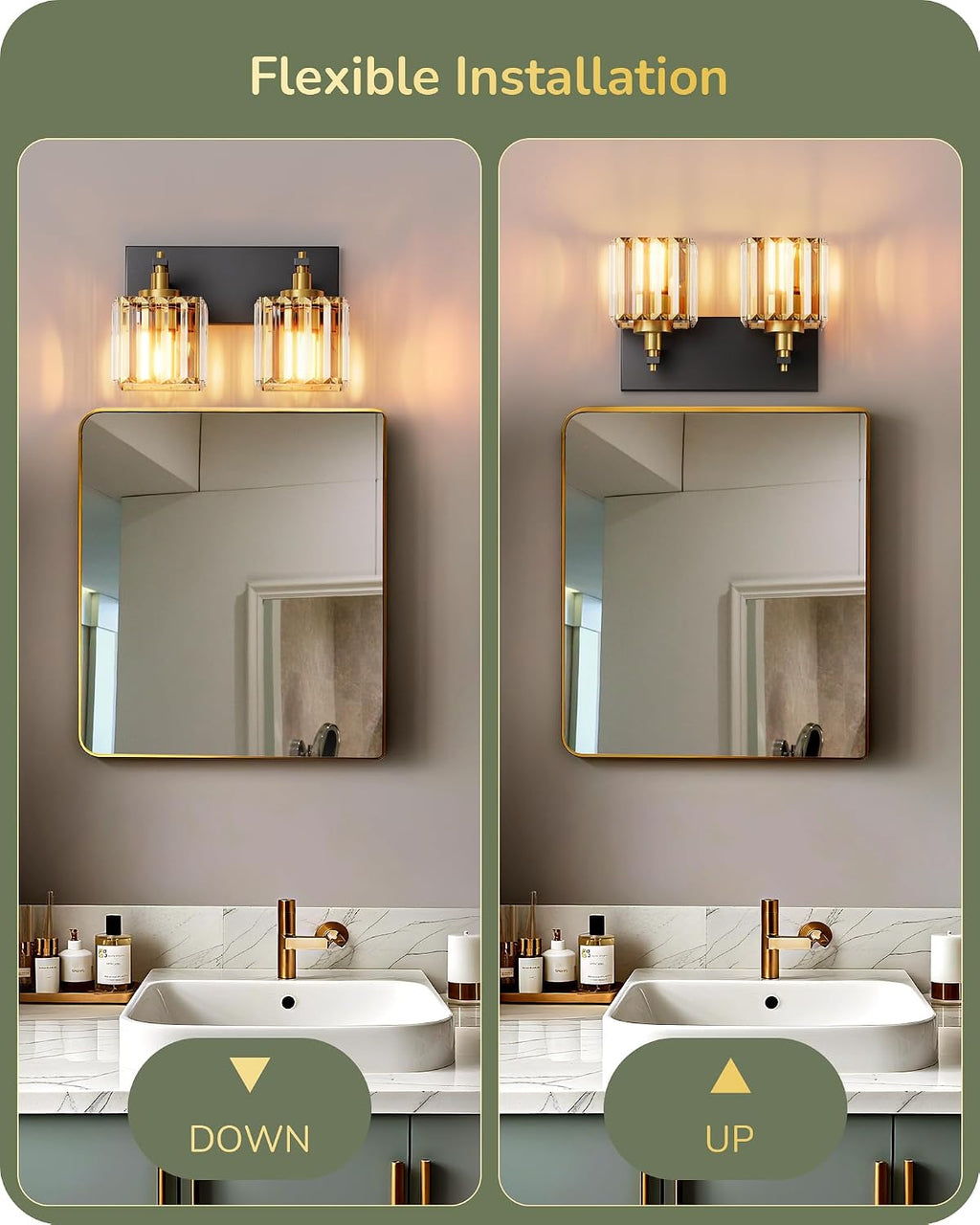 EDISHINE 2-Light Black Gold Bathroom Vanity Light, Crystal Wall Sconce, E26