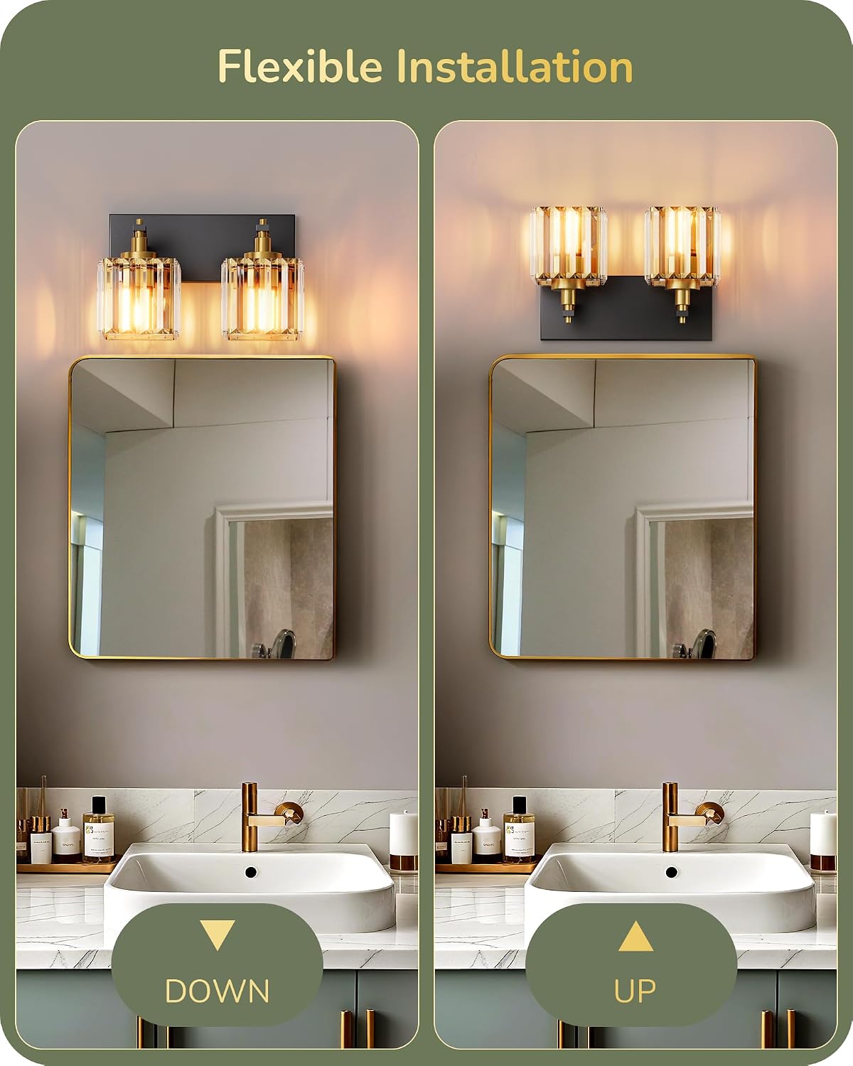 EDISHINE 2-Light Black Gold Bathroom Vanity Light, Crystal Wall Sconce, E26