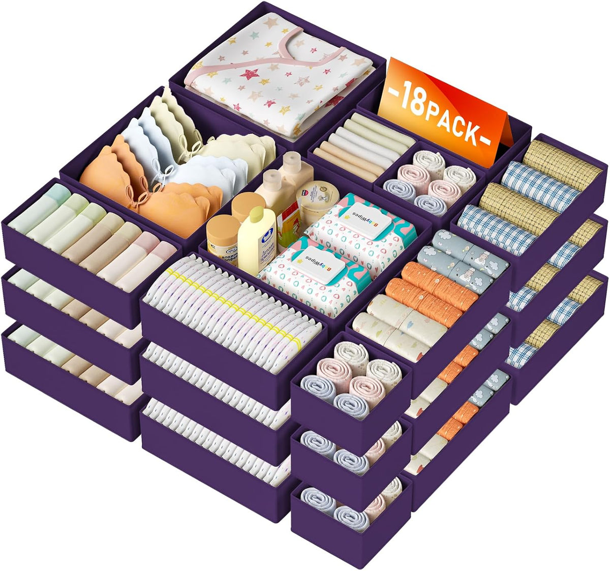 DIMJ Drawer Organizer Clothes 18 Pack - Foldable Baby Organizers and Storage & Dresser Organizer for Bedroom, Closet - Nursery Organization Dresser Dividers for underwear, Sock,Bra, Belt, Tie, Purple