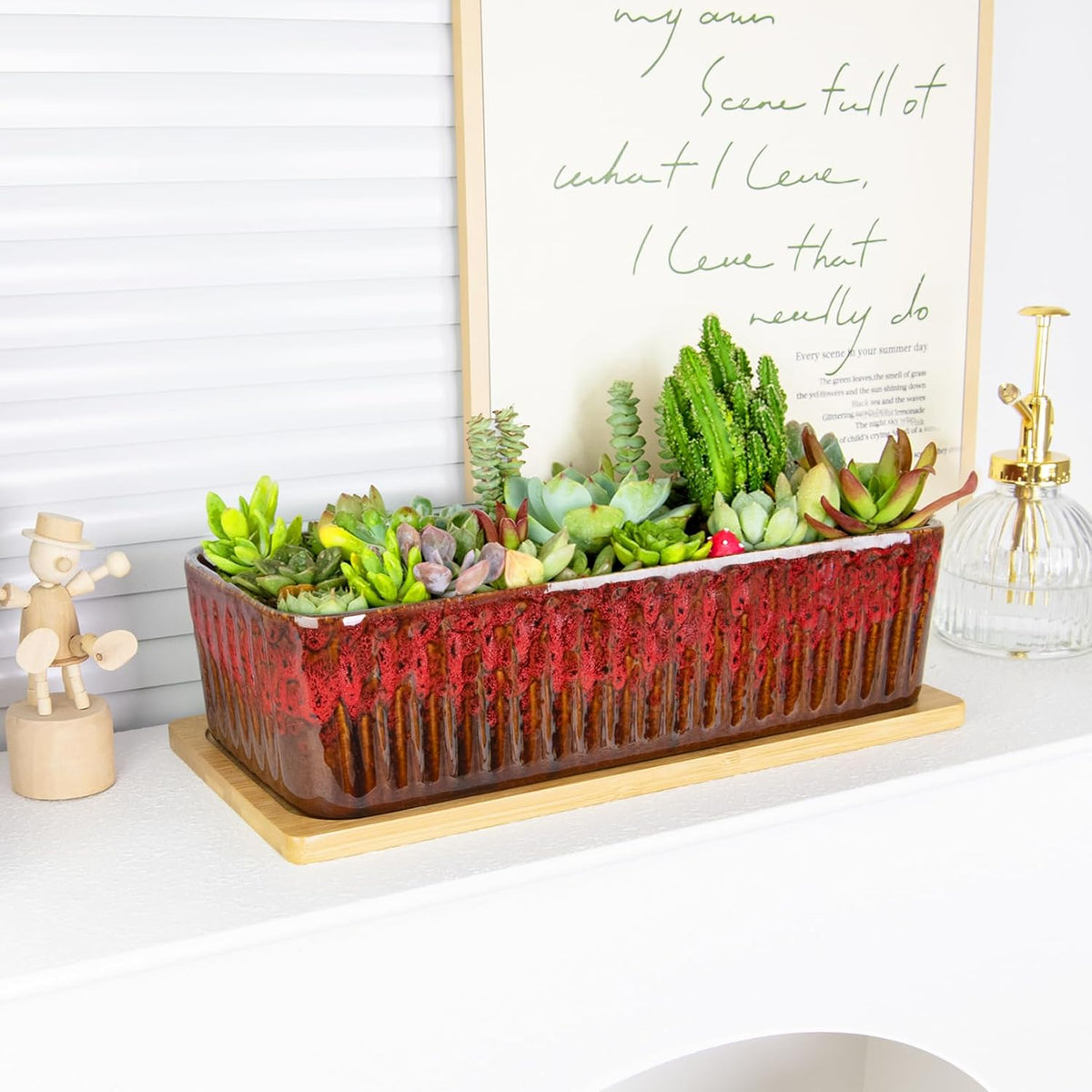 Succulent Pots, 12'' Long Rectangle Planters with Tray, Windowsill Planter