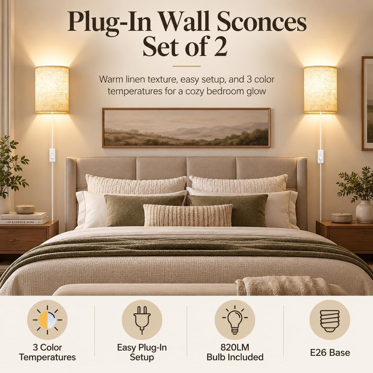 Yunaking Plug in Wall Sconces Set of Two Wall Lights with On/Off Switch
