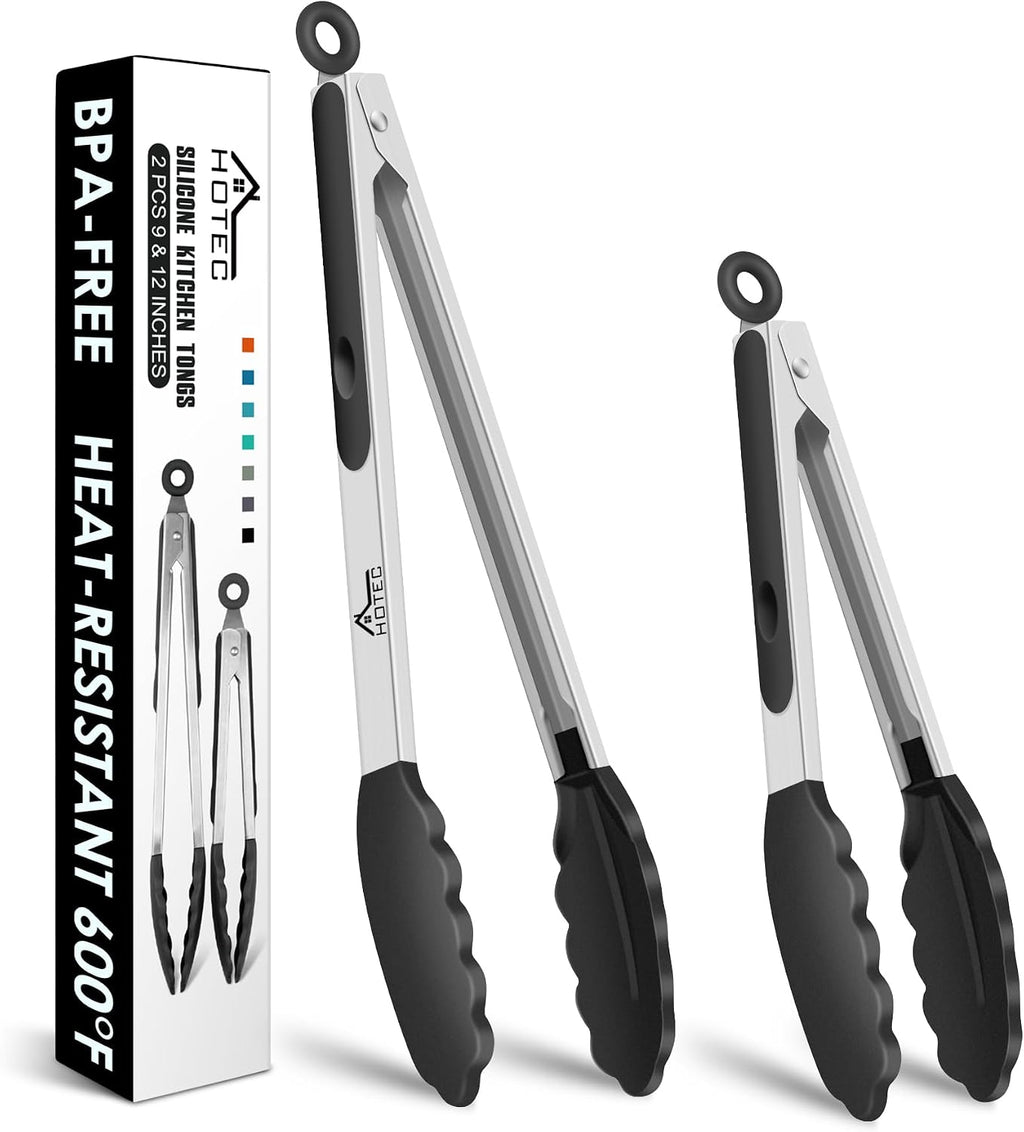HOTEC Stainless Steel Kitchen Tongs with Silicone Tips, Set of 2-9" and 12"