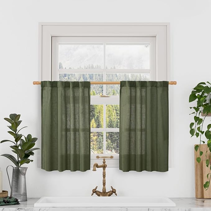 LAMIT Olive Green Linen Kitchen Curtains 30 Inch Length, Semi Sheer Light by LAMIT