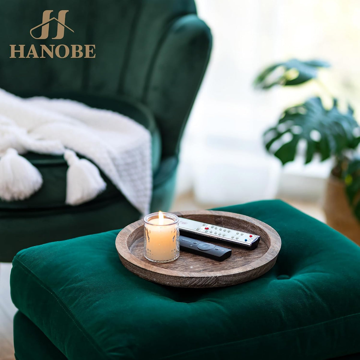 Hanobe Wooden Tray for Coffee Table, Decorative Round Candle Holder Plate