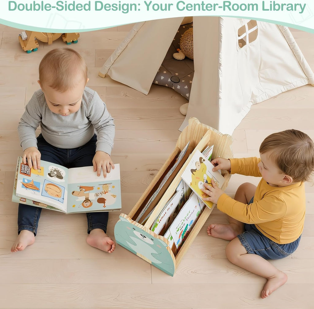 Toddler Bookshelf Double-Sided with 4 Tier Deep Sleeves Kids Wooden Montessori Book Rack for Baby Nursery Room, Playroom, Classroom or Bedroom Bookcase Storage Organizer, Green Bear