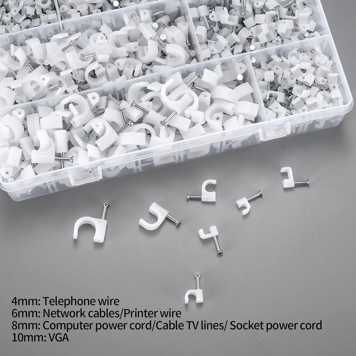 700 Pcs Cable Clips with Steel Nails, Cable Wire Cord Management Clips, White Ethernet Cable/Coax Cable/Cable Cord Holder Staples Clips with Tacks Nails for Wall, 4mm 5mm 6mm 8mm 10mm