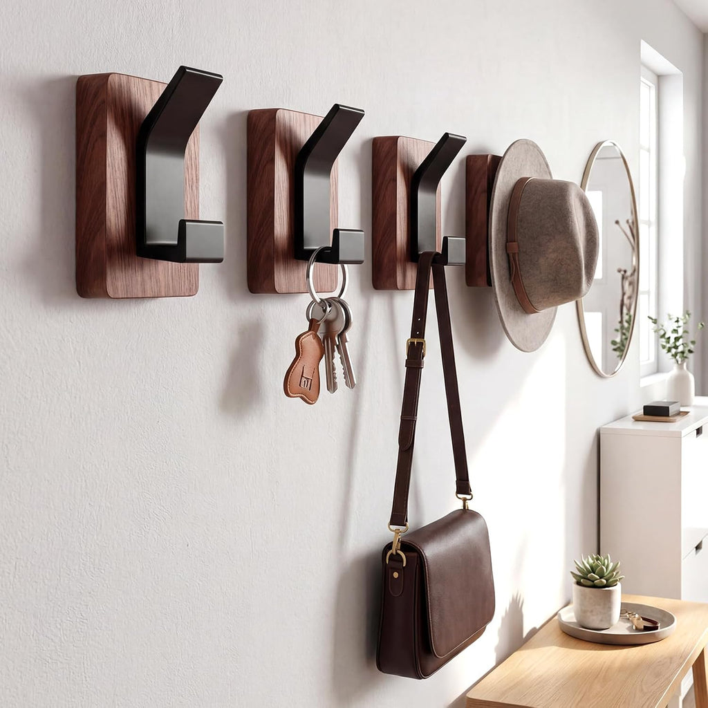 4-Pack Wood Wall Hooks, Solid Walnut Coat Rack with Adhesive Mounting and Wall Mounted, Decorative Hangers for Entryway, Mudroom, Bathroom, Farmhouse Style for Towels, Hats, Keys, Bags, Robes