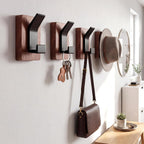 4-Pack Wood Wall Hooks, Solid Walnut Coat Rack with Adhesive Mounting and Wall Mounted, Decorative Hangers for Entryway, Mudroom, Bathroom, Farmhouse Style for Towels, Hats, Keys, Bags, Robes