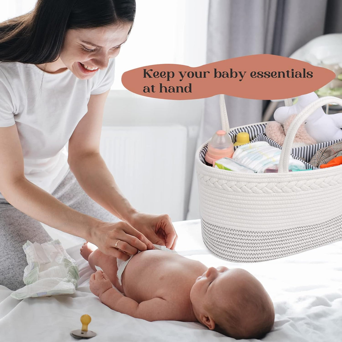 Diaper Caddy Organizer, Large Cotton Rope Nursery Baby Basket, Changing Table Organizer for Baby Diaper Storage, Portable Car Organizer Removable Divider (Off White, Extra Large)