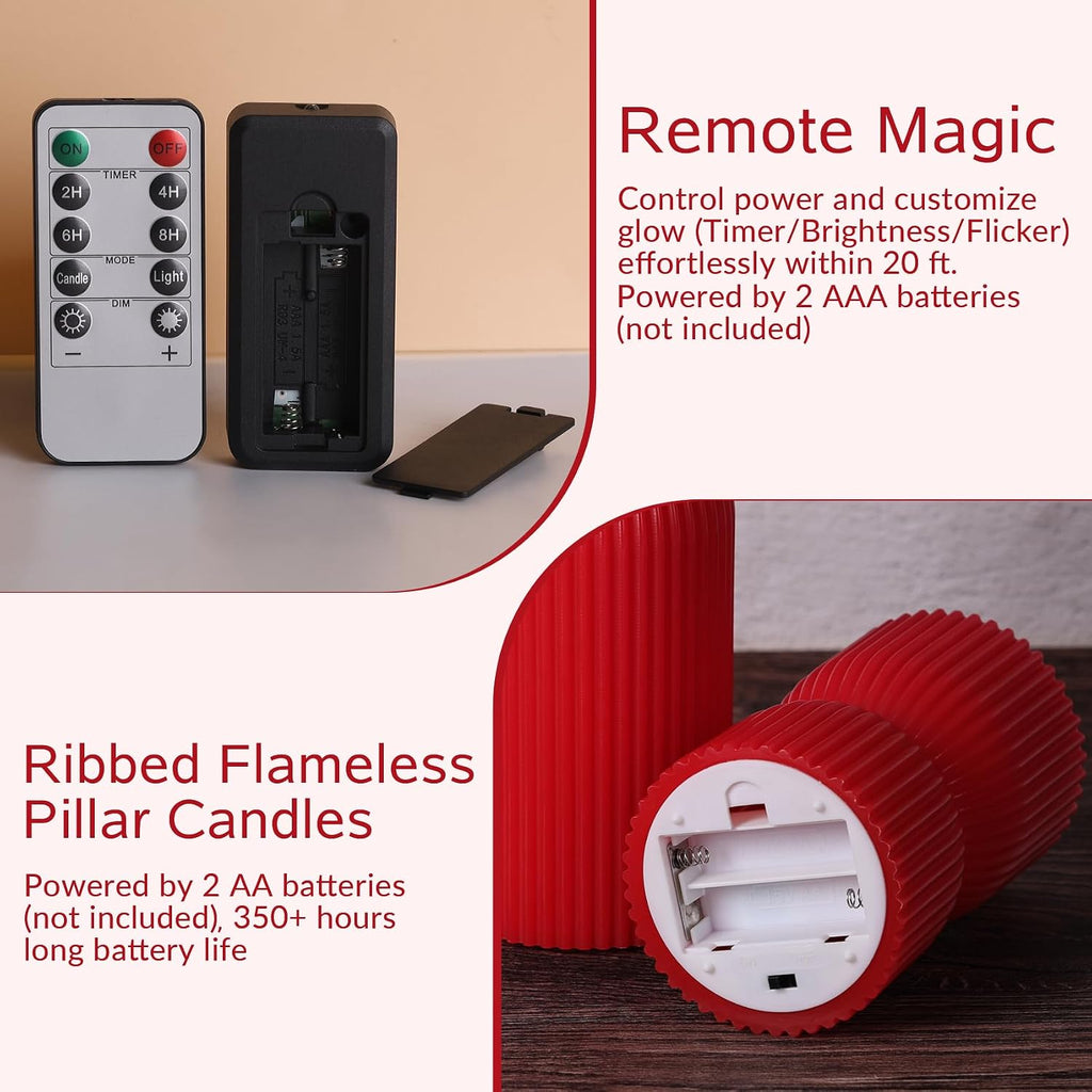 Red Christmas Ribbed Flameless Pillar Candles with Remote Set of 2
