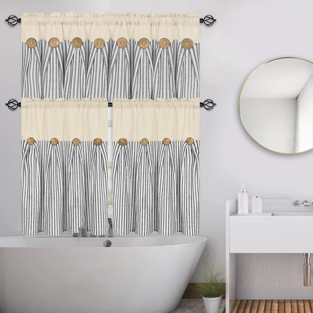 ASPMIZ Farmhouse Cotton Linen Valances for Windows, Boho Kitchen Curtains Valances with Rustic Button, Country Grey Striped Window Treatments Curtain Valance for Bathroom Cafe, 52 x 18 Inch, 1 Pannel